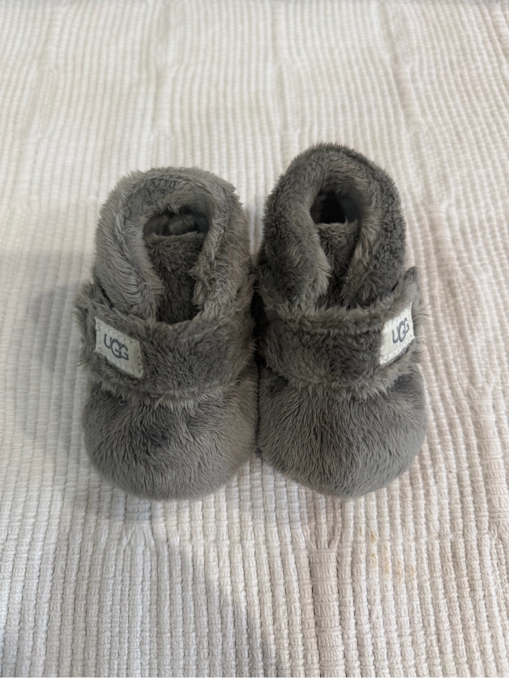 UGG Grey Plush Baby Slippers with Velcro Strap